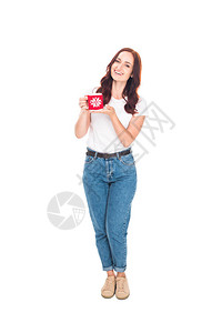 带着一杯咖啡的快乐女孩图片