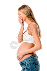 怀孕妇女患有毒物中毒在白色上图片