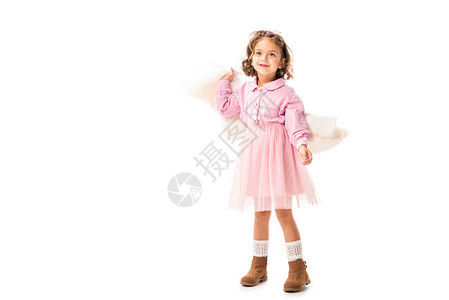 穿着粉红色衣服的美丽小孩子与白人隔图片