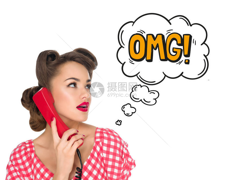在旧电话上用漫画风格的蒙格标志说话的女人画像图片