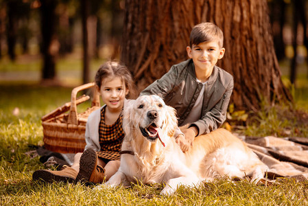 小孩和一只小狗坐在公图片