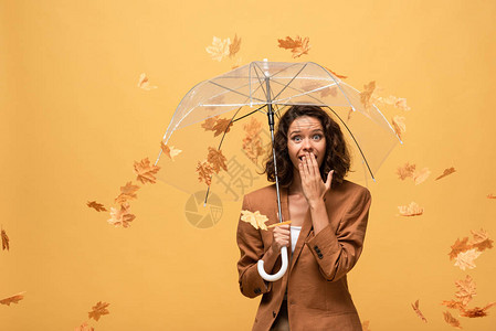 丢落伞穿着棕色夹克的卷发女人被惊吓拿着雨伞在落背景