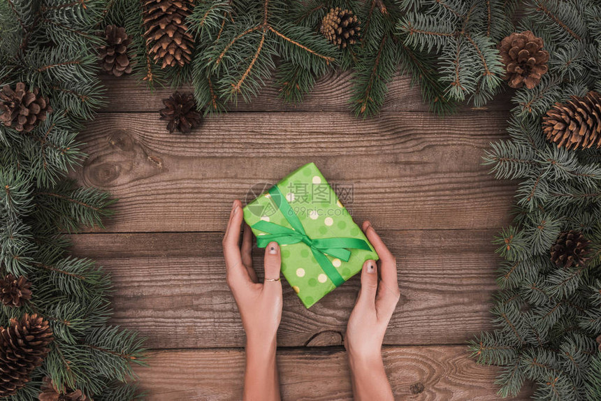 在木质表面上方带有隐形树枝和松锥形的持有圣诞节的人图片