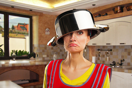 厨房的女主妇头上戴着Sa图片
