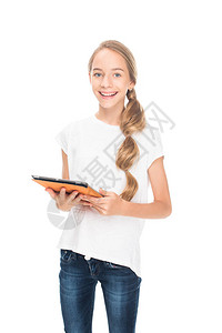 女青少年使用数字平板电脑在白图片