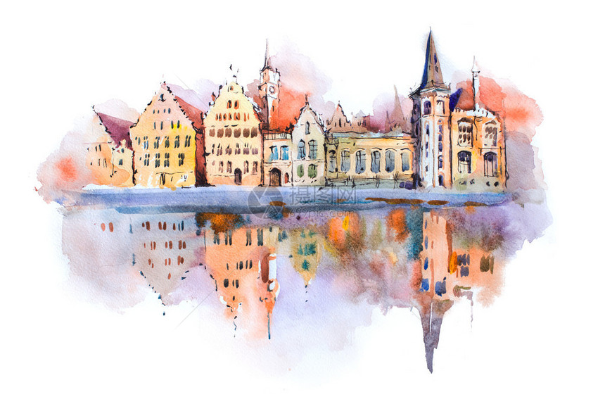 比利时布鲁日市风景水彩画布鲁日运图片