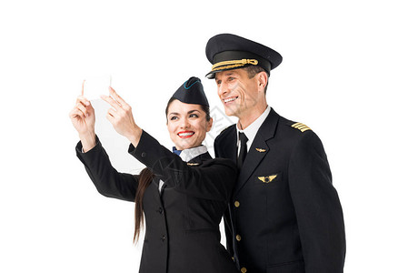 航空公司机长和空姐自拍被白色隔离图片