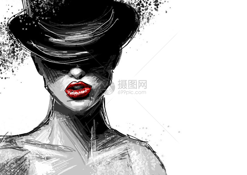 黑白美丽的时装女士戴着黑帽子满红羽唇的红大嘴图片