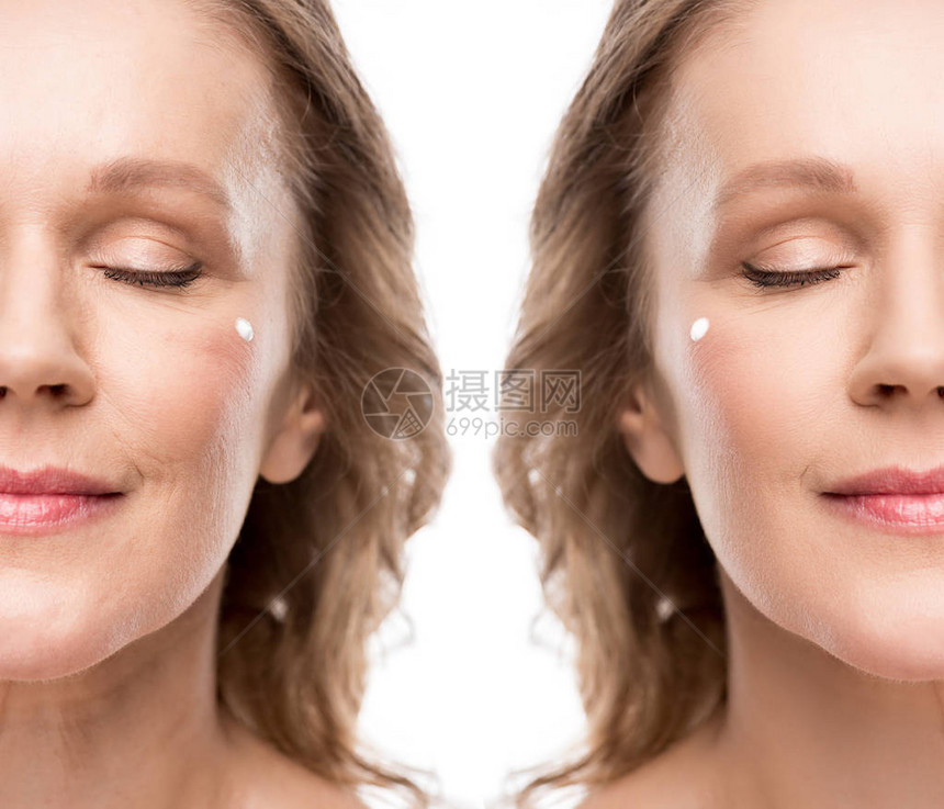 成年女子在白上被孤立的缝合后前脸上面涂着化妆图片