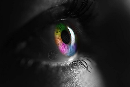 人的黑白照片与明亮的彩虹色眼睛图片