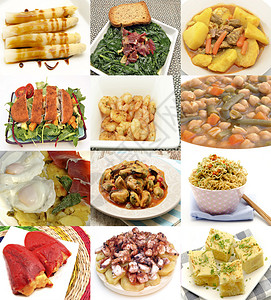 烹调地中海食物的盘子拼贴画图片