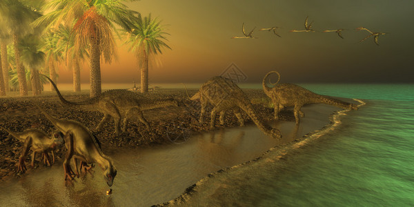 三个乌贝拉巴蒂坦恐龙与两只希普洛福登恐龙同在白鲸海岸图片