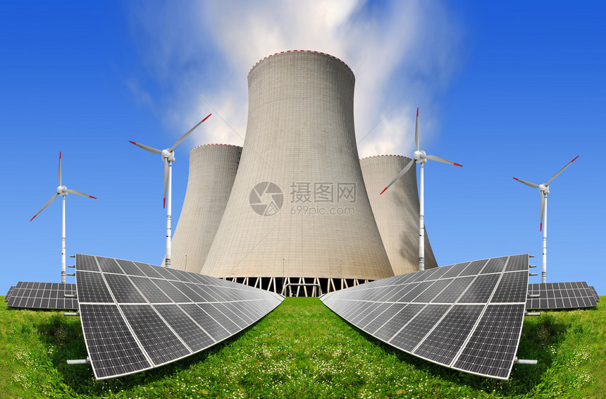 核电厂和风涡轮机面前的图片