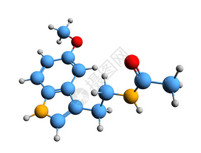 雷泽齐尔褪黑激素骨架式的3D图像在白色背景下分离的N乙酰5甲氧基色胺的设计图片