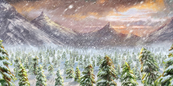 冬季有针叶林和降雪的山脉图片