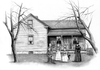 现实主义铅笔画了一座旧农舍一家人坐在家图片