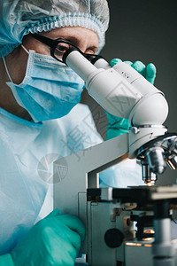 身穿蓝色医用手套的科学家和实验室用显微镜图片