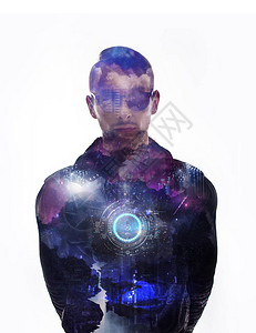 安而无危毛笔字人的双重曝光肖像结合紫色技术背景和机制而不是他的心脏网络未来的android概插画