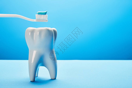 近视牙齿模型和牙刷在蓝背景上粘贴蓝底图片
