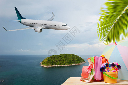 棕榈树和客机在热带海岛上降落的海滩配件图片