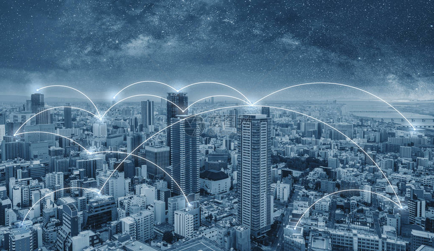 城市蓝色城市空间与连线网络线路的连接电网技术BlueCity图片