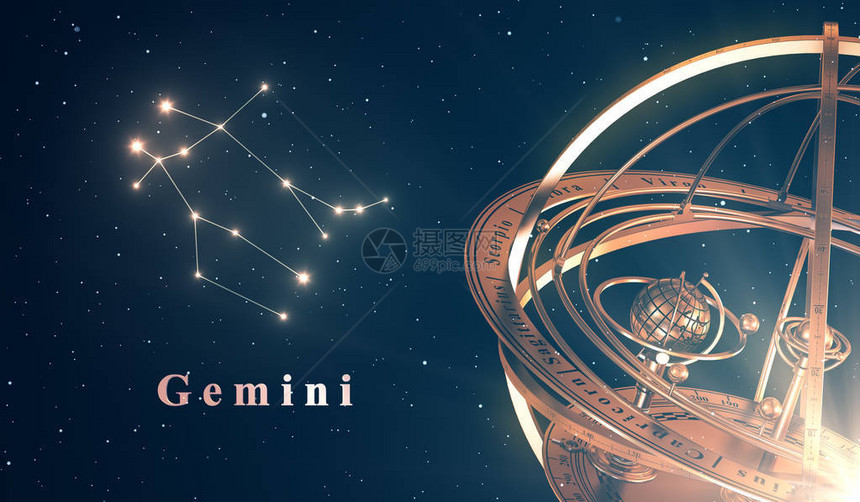 Zodiac星座Gemini和AmillorySpace覆盖蓝色背景图片