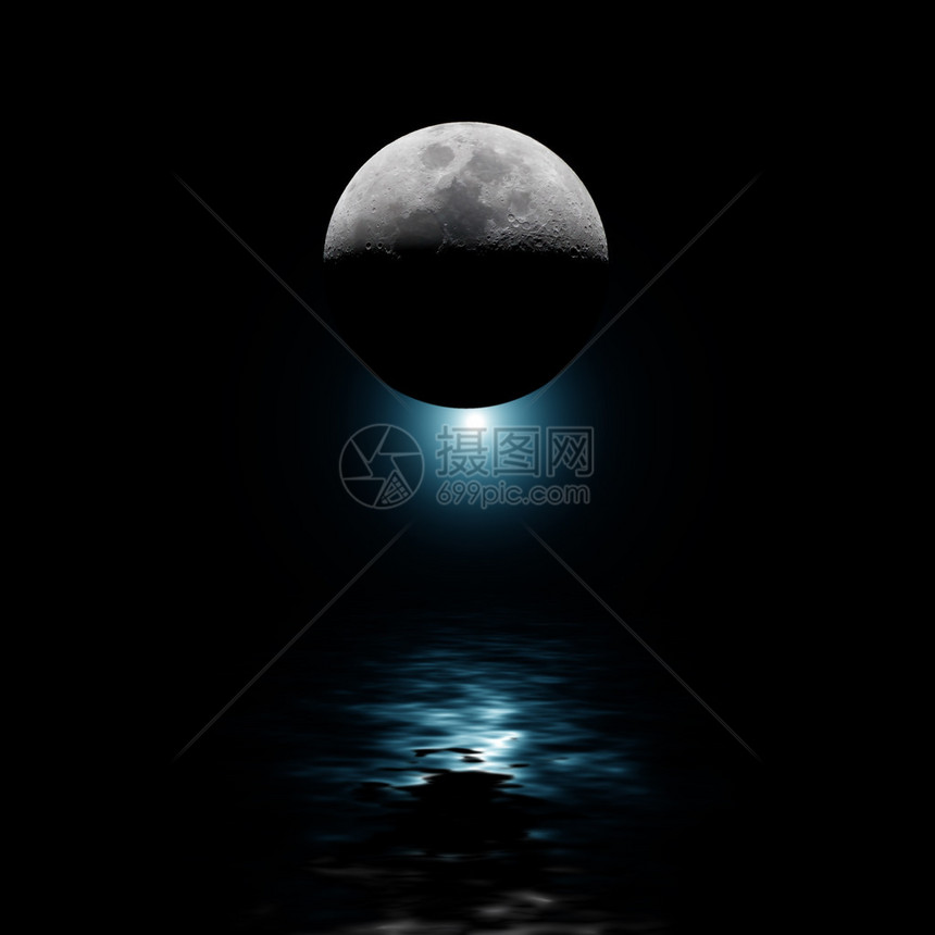 背光月亮与蓝星在夜间倒映在水面上图片