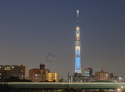 东京天空树和城市建筑在晚上图片
