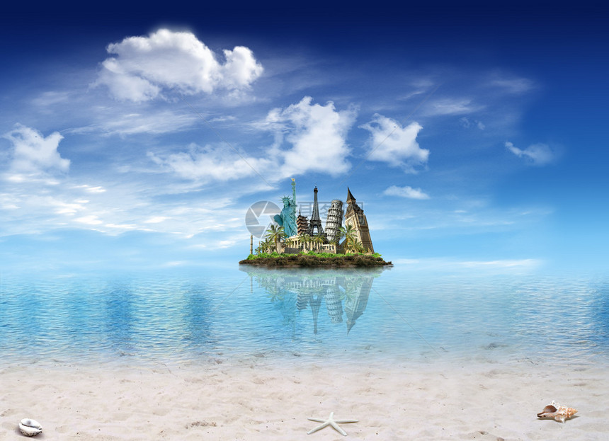 岛上的世界地标热带海滩和贝壳背景图片