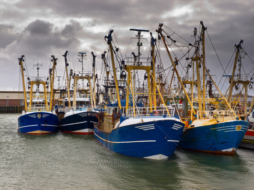 在荷兰湾渔港的西洋天空下现代渔图片