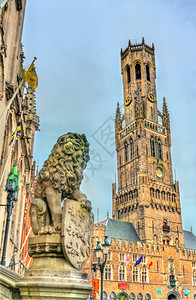 比利时西佛兰德斯省中世纪钟楼布鲁日狮子雕像和布鲁图片
