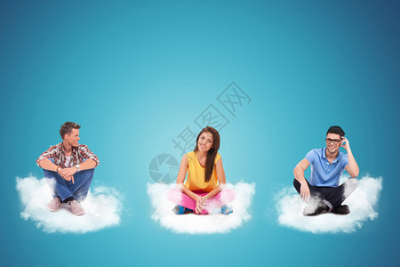3名临时青年坐在云上放松气氛图片