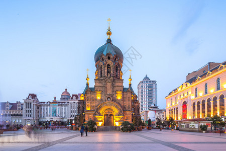 哈尔滨的索菲亚大教堂在背景图片