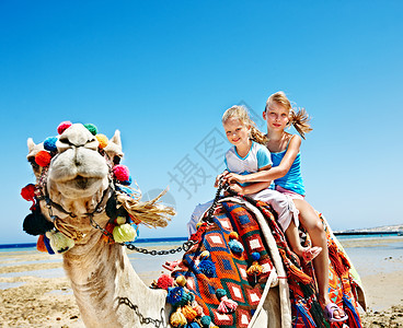 埃及海滩上骑骆驼的旅游儿童骆图片