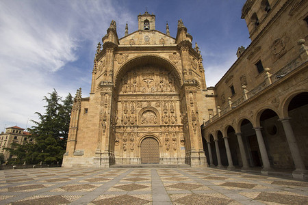 西班牙萨拉曼卡带有树木的迪恩纳斯教堂历史建筑图片
