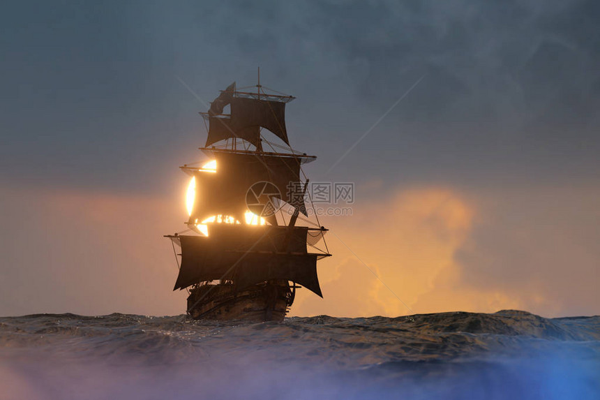 海盗船在海上航行3D渲染图片