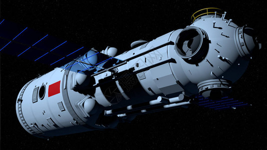 天宫三号天河核心舱的3D模型空间站在黑色空间上飞行图片