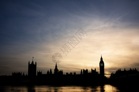 日落时大本和伦敦议会大楼的轮图片