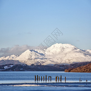 从苏格兰球城附近的湖边的LochLomond看一眼高尚和令人印象深刻的BenL背景图片