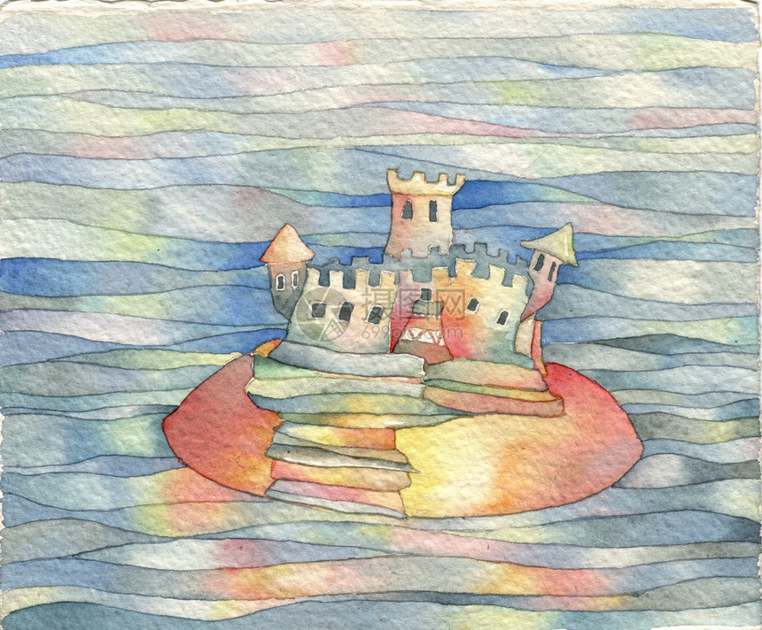 湖中水彩城堡图片