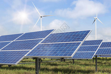 太阳能电池板和风力涡轮机在发电站发电绿色能源可图片