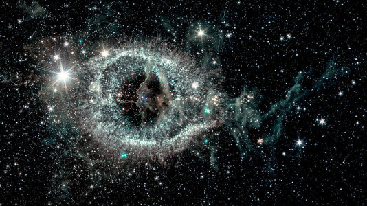一个宇宙小星怪异的相似于五颜六色的宇宙背景上的一只巨大的眼睛图片
