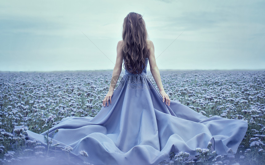 在花草田上穿着蓝裙子的年轻女图片