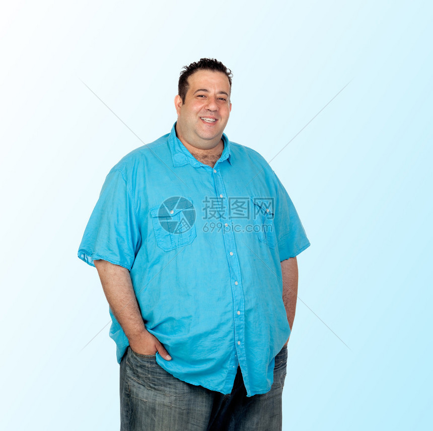 带着蓝衬衫的快乐胖人被图片
