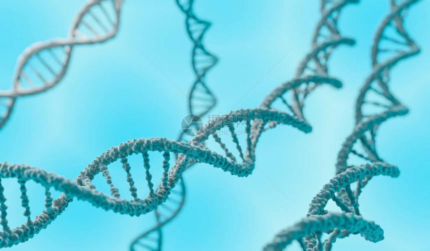 蓝色背景上的双DNA螺旋分子3D图片