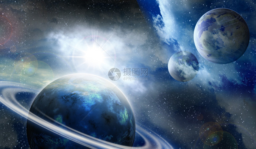 远处星雾笼罩在外层空间的行星上的烟雾照亮图片