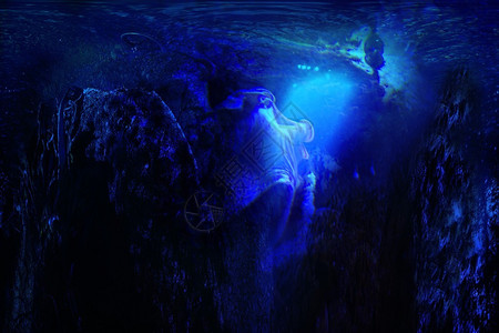 海底的幻想场景一个神秘的生物在寻找用数字艺术创造的闪光线图片