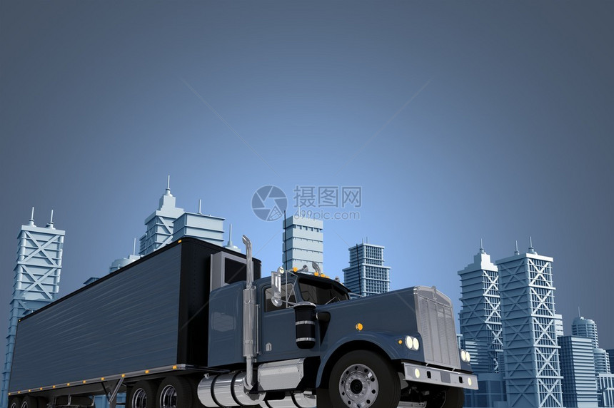 带有复制空间的城市货运概念图有拖车的大型半卡车在城市交货城市天际线图片
