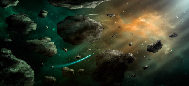 空间场景橙星和绿色星云以及小行星和宇宙飞船图片