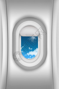 飞机窗口和蓝色多云的天空飞机窗口插图空中旅行主题客舱内部飞机窗口视图图片
